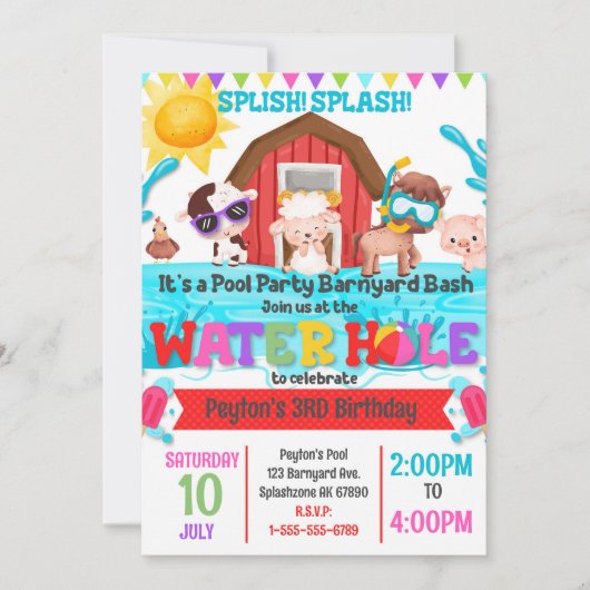 Invitation Barnyard Bash Pool Party Anniversaire (Devant)