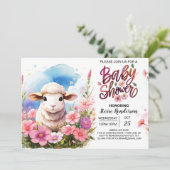 Invitation Barnyard Beauté Agneau rose Baby shower fille (Debout devant)