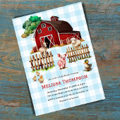 Invitation Barnyard Blue Plaid Farm Animaux Baby shower Garço