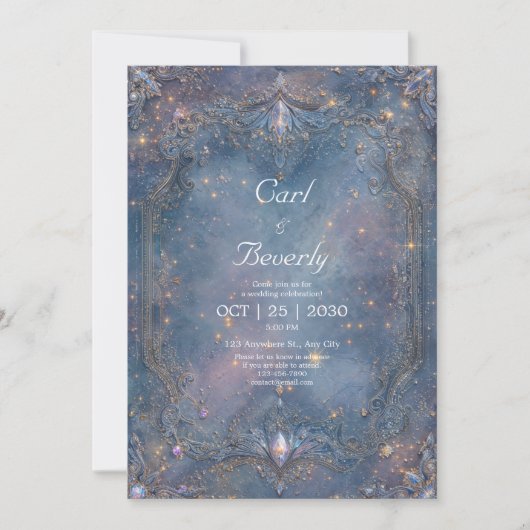 Invitation Baroque Céleste Bleu Or Pierre Précieuse Mariage (Devant)