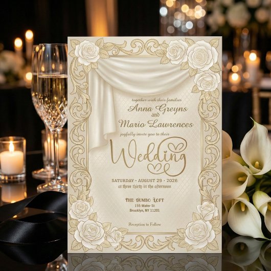 Invitation Baroque Cream Rose Faux Gold Foil Diamond Wedding