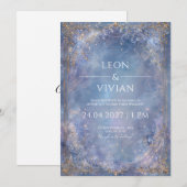Invitation Baroque Doré Céleste Bleu Glacé Mariage d'Hiver (Devant / Derrière)