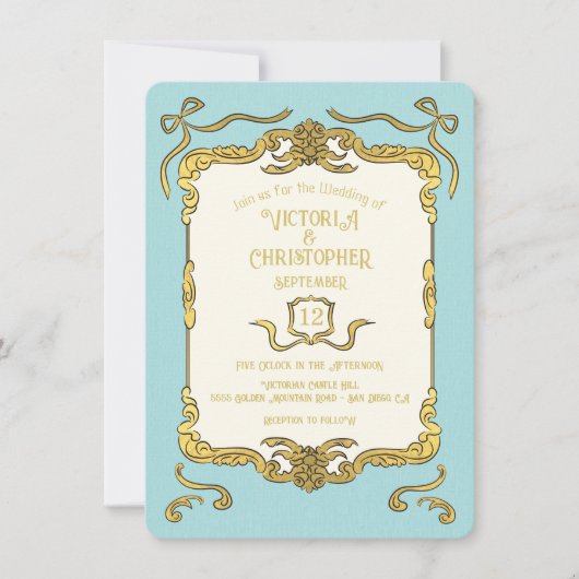 Invitation Baroque Regency Faux Gold Blue Bow Mariage (Devant)
