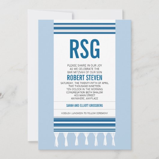 Invitation Barre bleue Mitzvah de Tallit de monogramme (Devant)