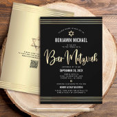 Invitation Barre de code QR Mitzvah Black Gold Script Tallit 