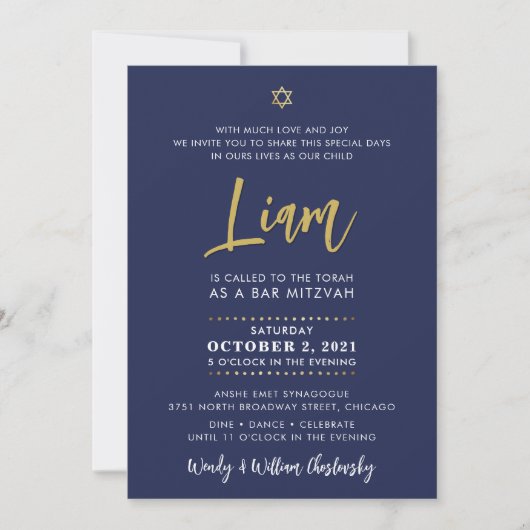Invitation BARRE DE SCRIPT MITZVAH lettrage or bleu marine (Devant)