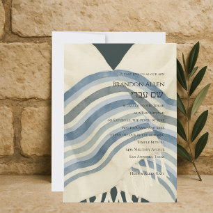 Invitation Barre Mitzvah Bleu Blanc Gris Gris Tallit