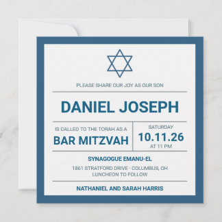 Invitation Barre Mitzvah en bleu étoile juive