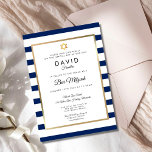 Invitation Barre Mitzvah Marine Bleu Bleu Blancs Or<br><div class="desc">Avec un arrière - plan classique à rayures bleues et blanches,  cette élégante invitation Bar Mitzvah dispose d'une élégante bordure en feuille d'or imitation encadrant vos détails dans une typographie chic. Conçu par Thisisnotme©</div>