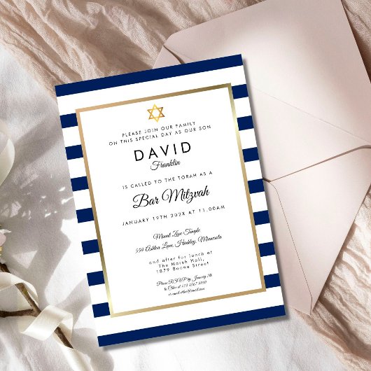 Invitation Barre Mitzvah Marine Bleu Bleu Blancs Or