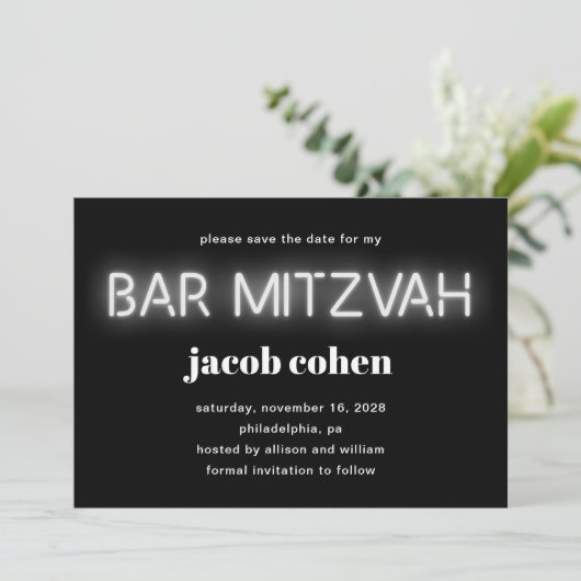 Invitation Barre Mitzvah White Neon Lights Enregistrer La Dat (Debout devant)