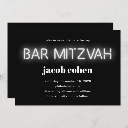 Invitation Barre Mitzvah White Neon Lights Enregistrer La Dat (Devant / Derrière)