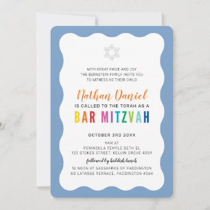 Invitation BARRE MODERNE MITZVAH couleurs arc-en-ciel bleu bo