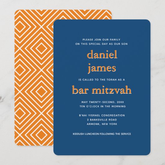 Invitation Barre moderne Mitzvah Typographie Bleu Orange (Devant / Derrière)