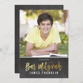 Invitation BARRE PHOTO MITZVAH moderne gris tableau noir or (Devant / Derrière)