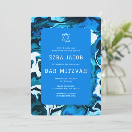 Invitation Barre photo personnalisée Peinture en marbre bleu (Debout devant)