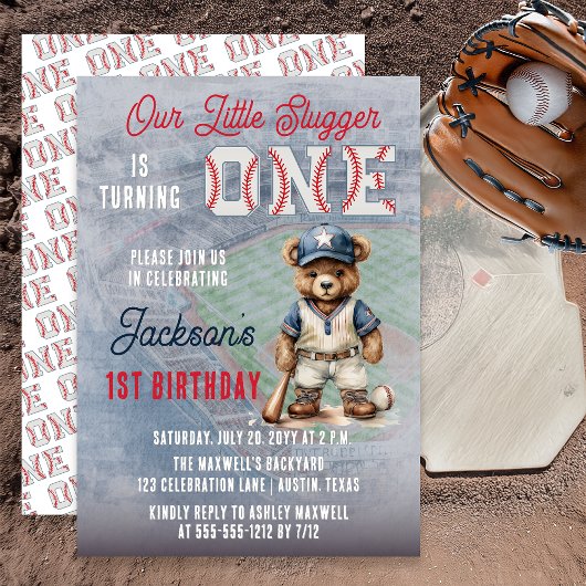 Invitation Baseball 1st Birthday Teddy Bear Little Slugger 