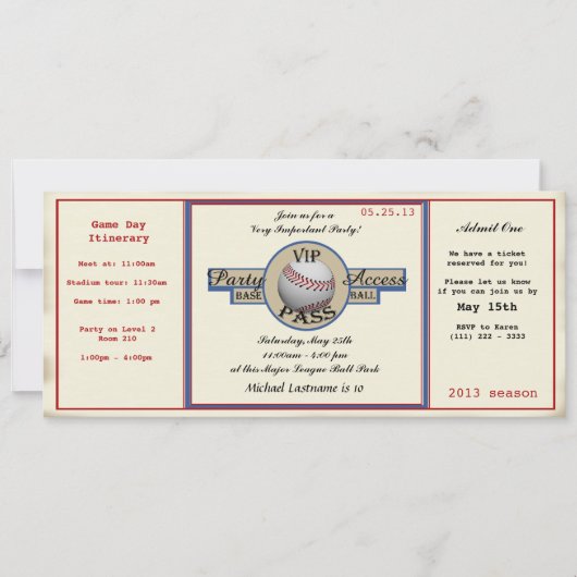 Invitation Baseball Anniversaire Fête Pass Accès (Devant)