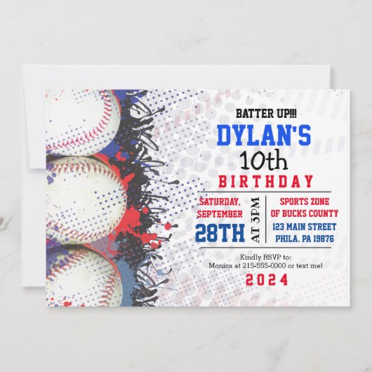Invitation Baseball Anniversaire Rouge Blanc & Bleu Invitatio (Devant)