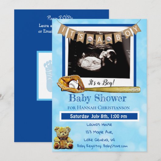 Invitation Baseball Blue Baby Boy Ultrasound Baby shower (Devant / Derrière)