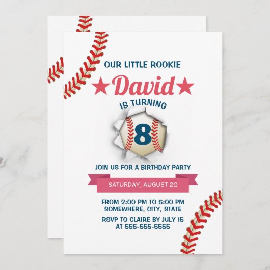Invitation Baseball Boy 8e fête d'anniversaire (Devant / Derrière)