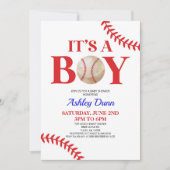 Invitation Baseball C'est un garçon Baby shower rouge bleu (Devant)
