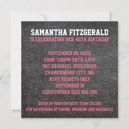 Invitation Baseball Chalkboard rose 40e anniversaire (Dos)