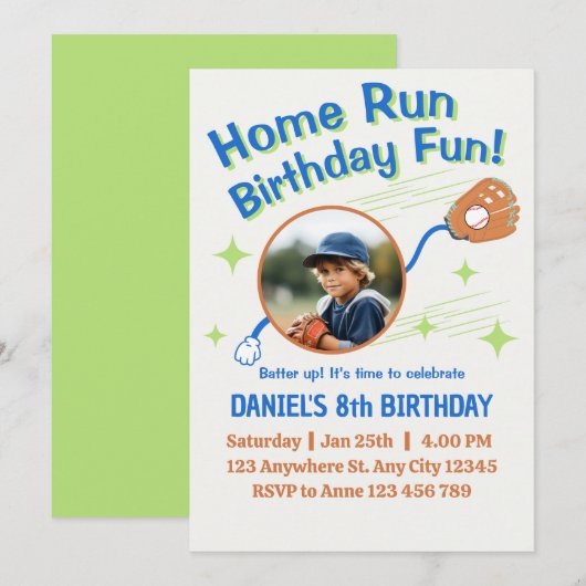 Invitation Baseball d'anniversaire Home Run pour les enfants (Devant / Derrière)
