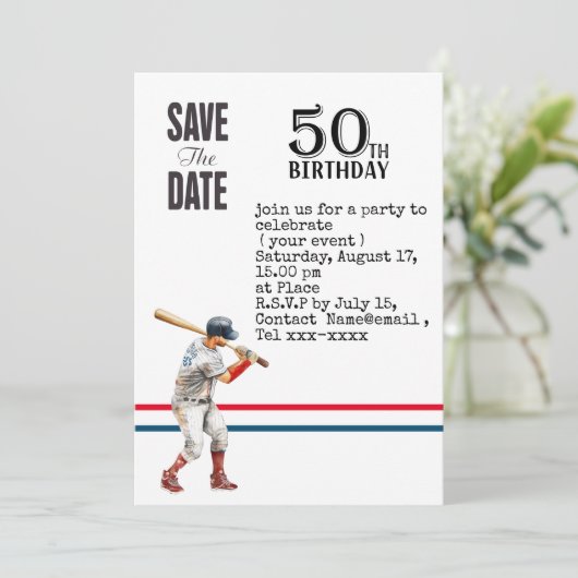 Invitation Baseball enregistrer la date 50e fête d'anniversai (Debout devant)