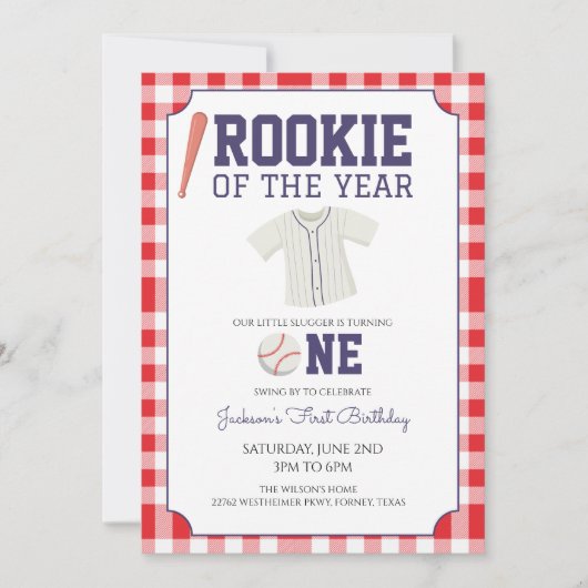Invitation Baseball Gingham 1er Anniversaire (Devant)
