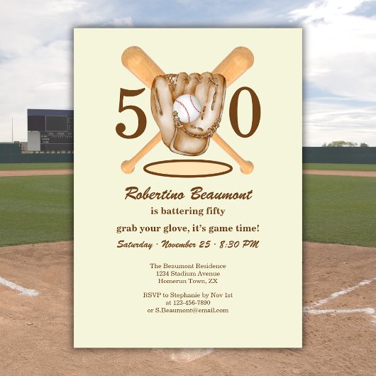 Invitation Baseball Glove Bats Themed Men's 50th Birthday