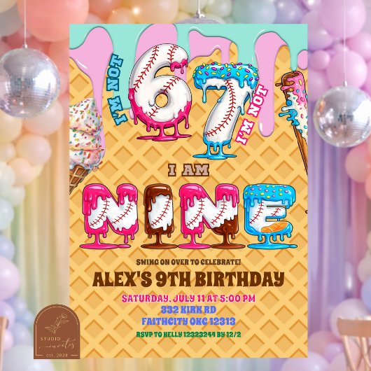 Invitation Baseball Ice Ceam Drip Six Seven boy 9th Birt