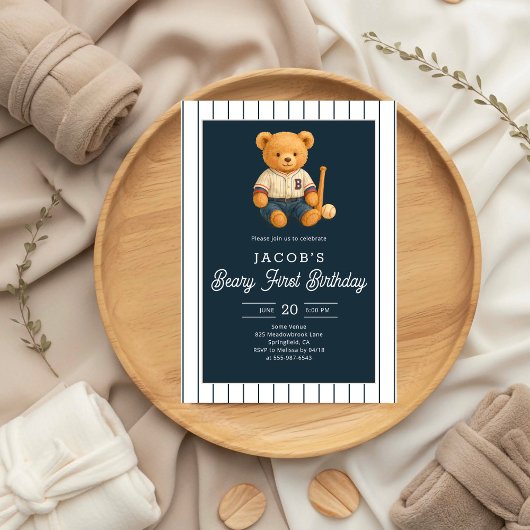 Invitation Baseball Preppy Bear 1er anniversaire