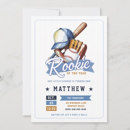 Invitation Baseball Rookie Ball Bat Casquette Blue Boy 1er an (Devant)