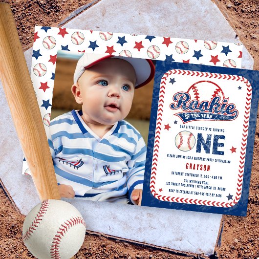 Invitation Baseball Rookie Front Photo 1ère fête d'anniversai