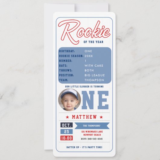Invitation Baseball Rookie Statistiques Pic Ticket Boy 1er An (Devant)