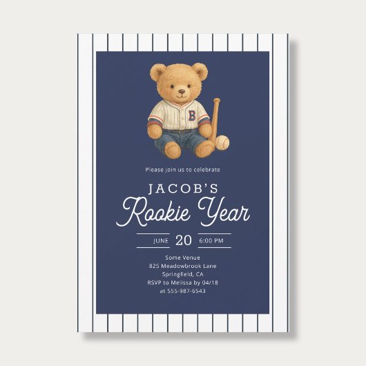 Invitation Baseball Rookie Teddy Bear 1st Birthday