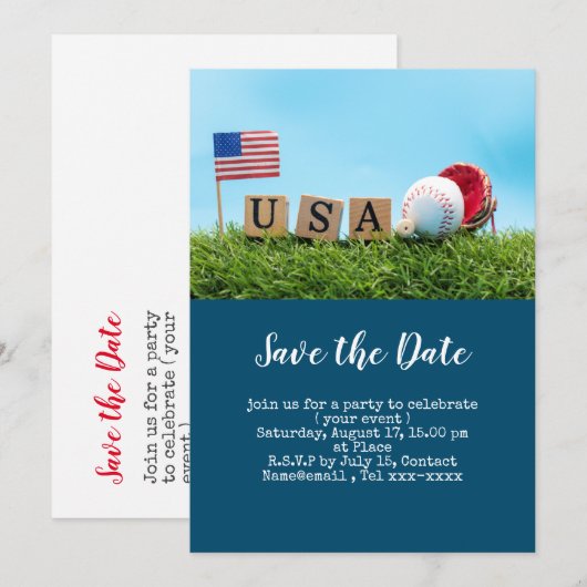 Invitation Baseball sauvez la date avec le drapeau de l'Améri (Devant / Derrière)