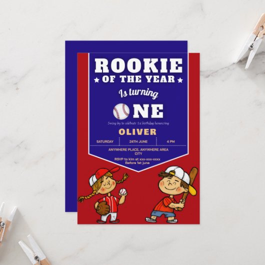 Invitation baseball thème garçon 1er anniversaire (Devant/Arrière en situation)