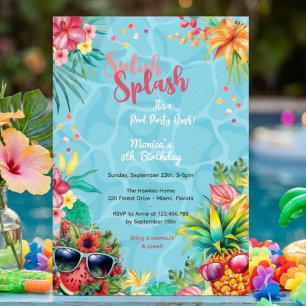 Invitation Bash d'anniversaire d'été piscine splash hawaïen