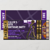 Invitation Basket-ball Anniversaire VIP Purple Gold Ticket (Devant / Derrière)