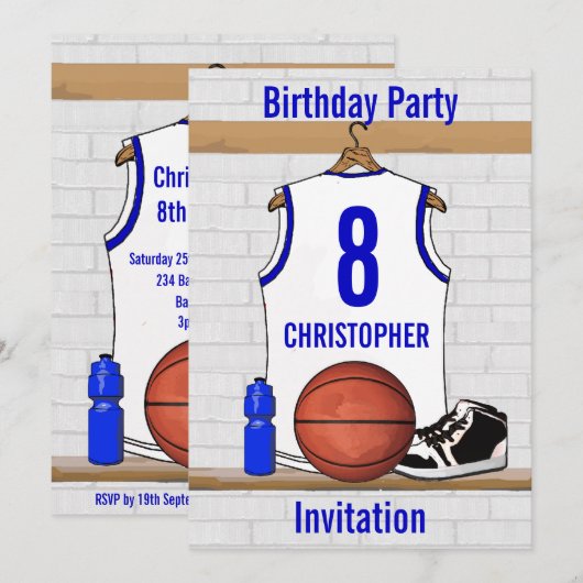 Invitation Basket-ball blanc et bleu Jersey Birthday Party (Devant / Derrière)