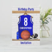Invitation Basket-ball bleu blanc Jersey Birthday Party (Debout devant)