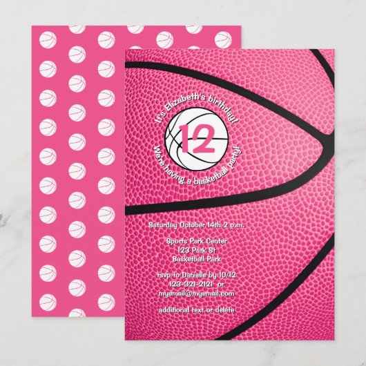 Invitation basket-ball féminin rose (Devant / Derrière)