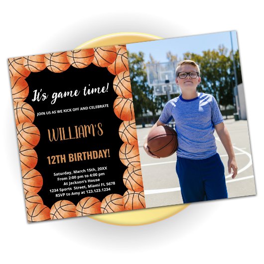 Invitation Basket Ball Orange Noir Anniversaire Avec Photo