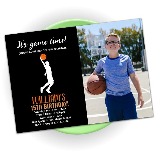 Invitation Basket-ball orange noir Anniversaire avec photo
