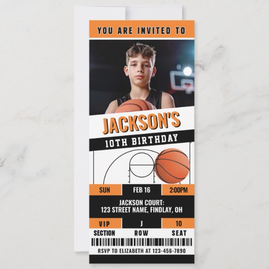 Invitation Basket-ball Orange Noir Anniversaire Billet (Devant)