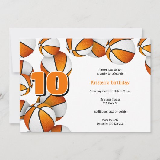 Invitation basket blanc orange filles fête d'anniversaire (Devant)