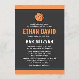 Invitation Basket moderne gris foncé et bar mitzvah orange