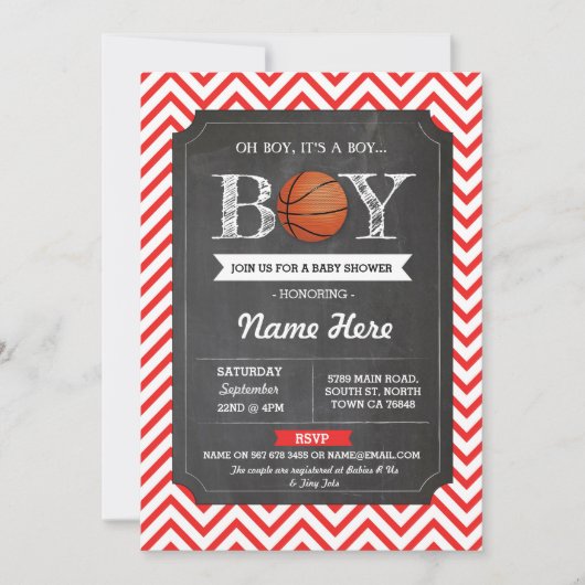 Invitation BasketBall Boy Baby shower Red Chalk Sports Invita (Devant)
